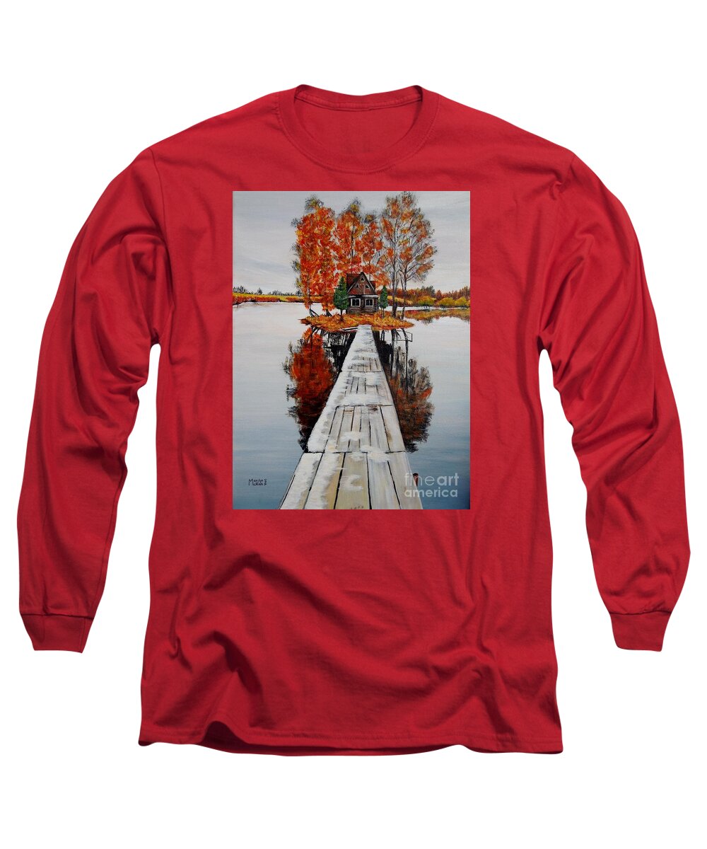 Cabin Long Sleeve T-Shirt featuring the painting Island Cabin by Marilyn McNish