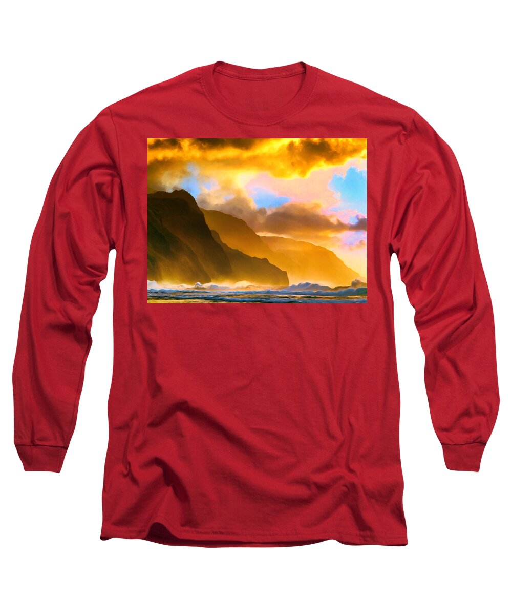 Ke'e Beach Long Sleeve T-Shirt featuring the painting Ke'e Beach Sunset by Dominic Piperata