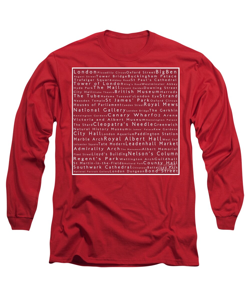 Cities Long Sleeve T-Shirt featuring the photograph London in Words Red by Sabine Jacobs