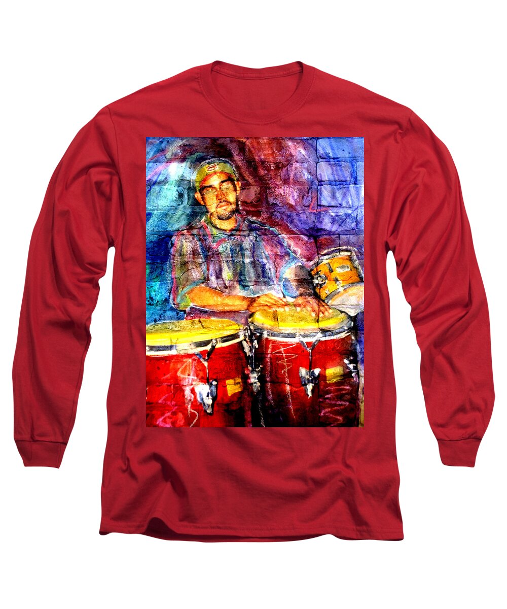 Music Long Sleeve T-Shirt featuring the digital art Musician Congas and Brick by Anita Burgermeister