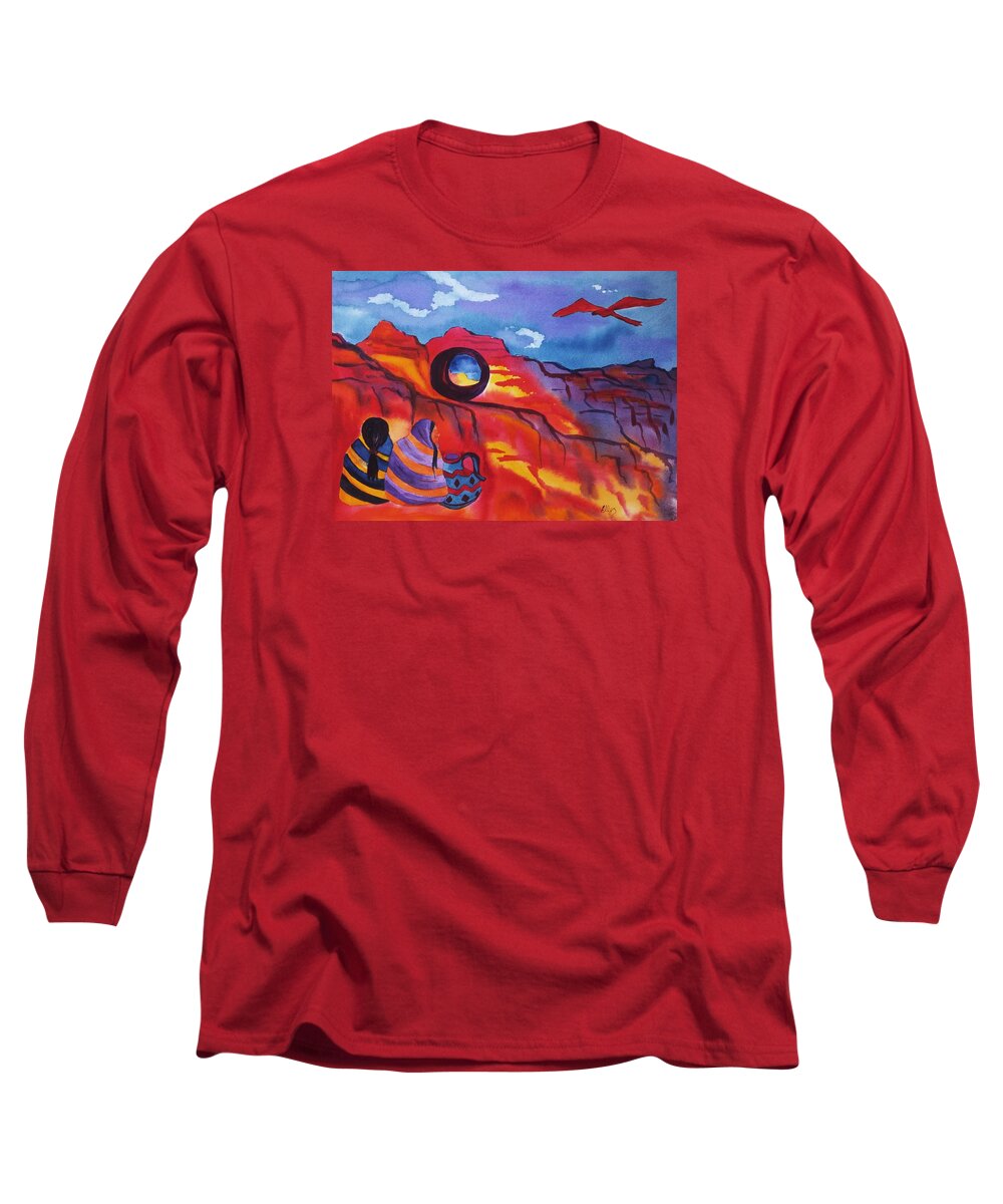 Window Rock Long Sleeve T-Shirt featuring the painting Native Women at Window Rock by Ellen Levinson