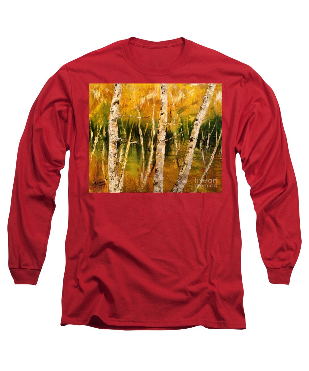New England Long Sleeve T-Shirt featuring the painting New England Birch by Karen Ferrand Carroll