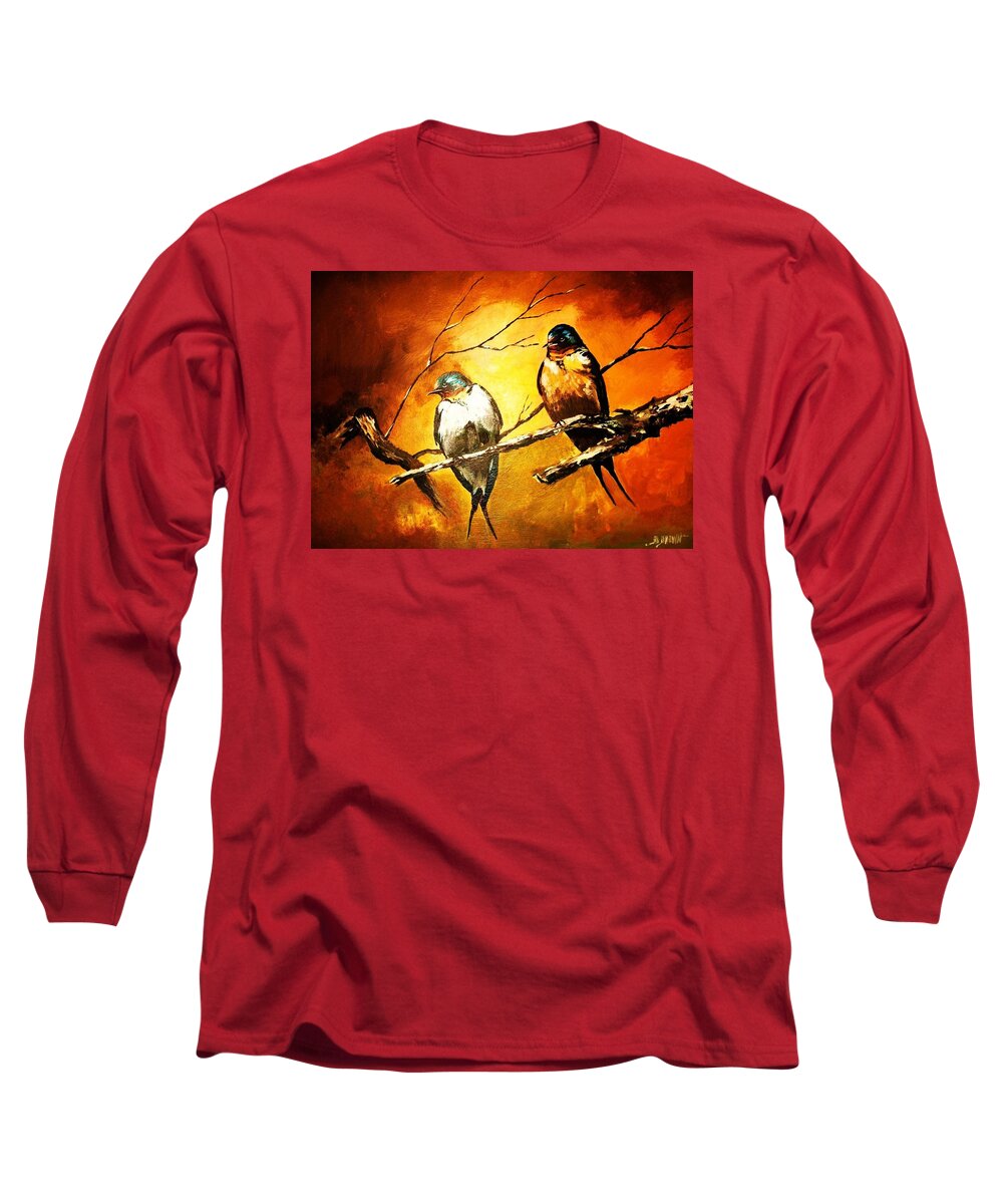 Birds Long Sleeve T-Shirt featuring the painting Perched Swallows by Al Brown