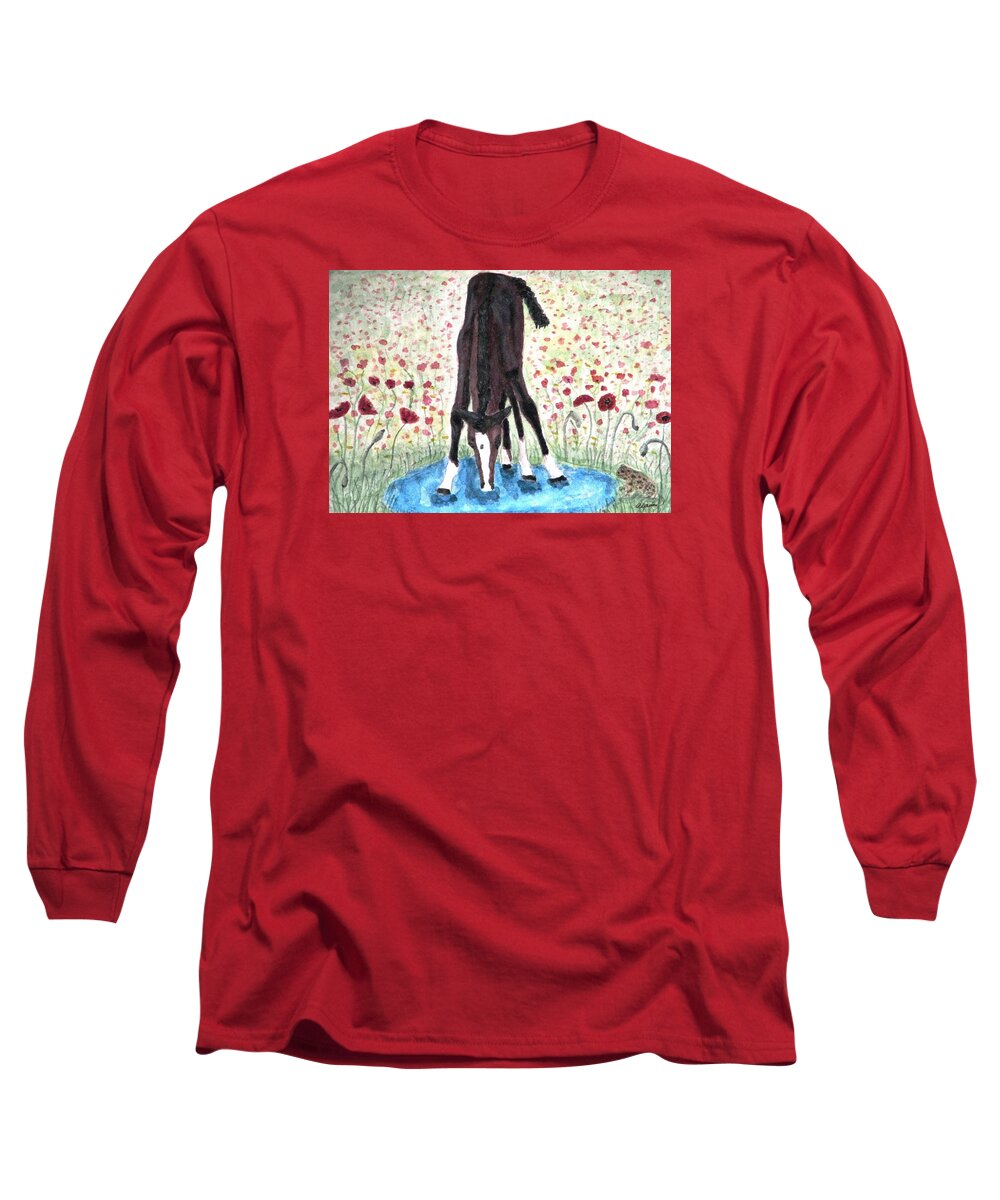  Pony Long Sleeve T-Shirt featuring the painting Poppies N Puddles by Angela Davies
