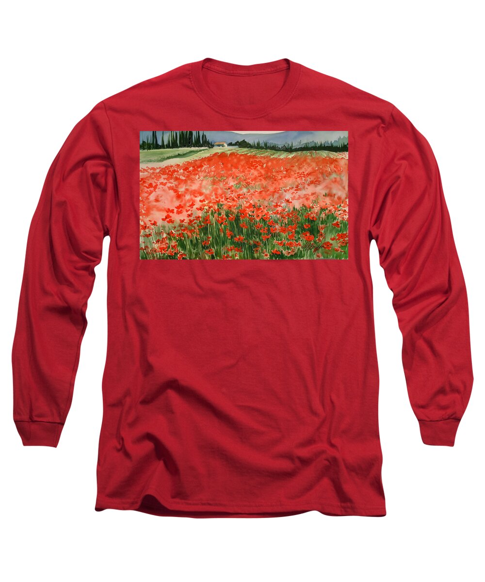 Watercolors Long Sleeve T-Shirt featuring the painting Poppy Field by Maryann Boysen