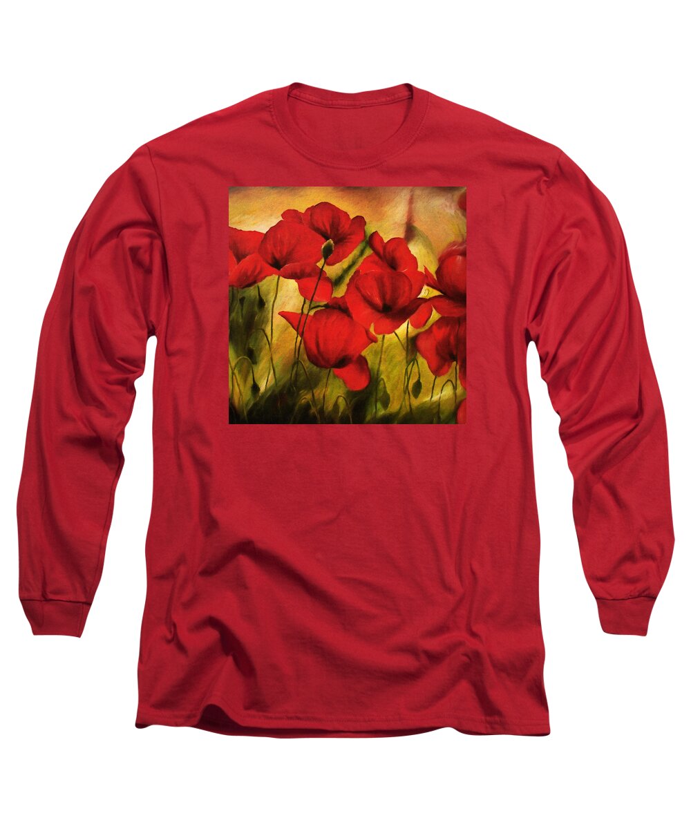 Poppy Art Long Sleeve T-Shirt featuring the painting Poppy Flowers At Dusk by Georgiana Romanovna