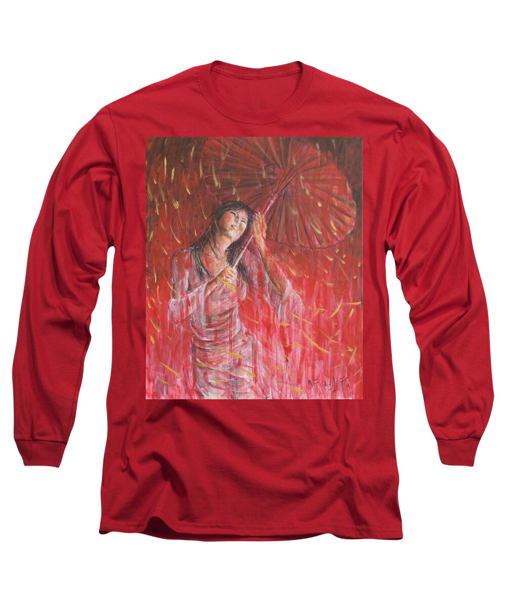 Red Long Sleeve T-Shirt featuring the painting Red Geisha Rain Storm by Nik Helbig