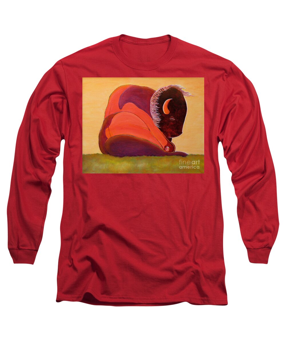 Buffalo Painting Long Sleeve T-Shirt featuring the painting Reflecting Buffalo by Joseph J Stevens