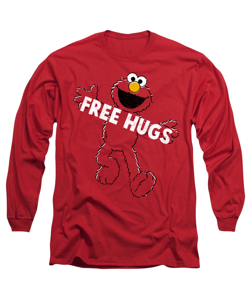 Red Background Long Sleeve T-Shirt featuring the digital art Sesame Street - Free Hugs by Brand A