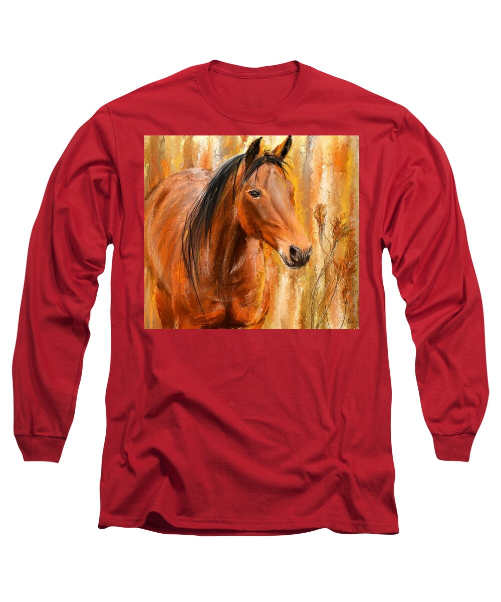Bay Horse Paintings Long Sleeve T-Shirt featuring the painting Standing Regally- Bay Horse Paintings by Lourry Legarde