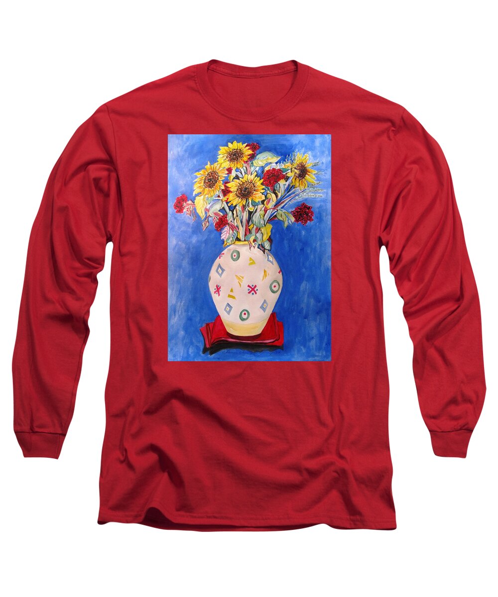 Sunflowers At Home Long Sleeve T-Shirt featuring the painting Sunflowers at Home by Esther Newman-Cohen