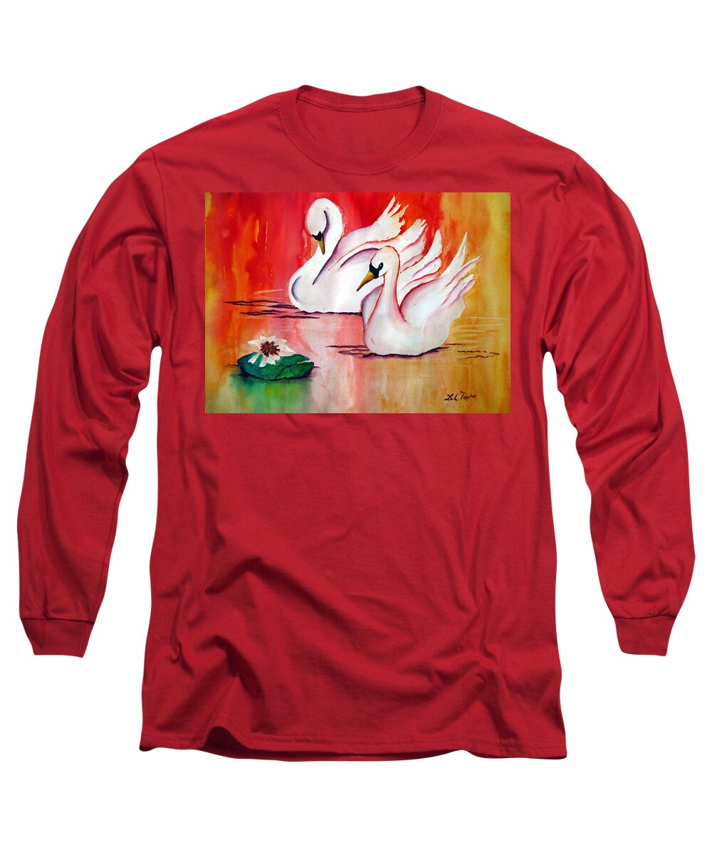 Swans Long Sleeve T-Shirt featuring the painting Swans in Love by Lil Taylor