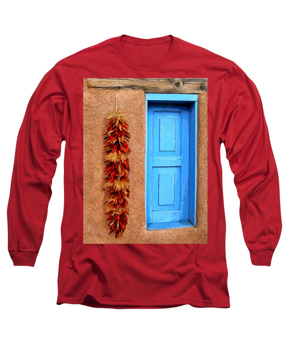 Taos Long Sleeve T-Shirt featuring the painting Taos Blue Door by Dominic Piperata