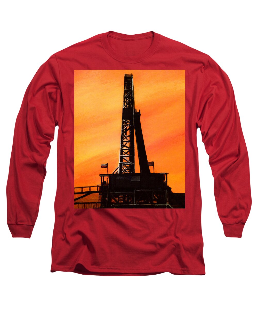 Texas Long Sleeve T-Shirt featuring the painting Texas Oil Rig by Frank Botello
