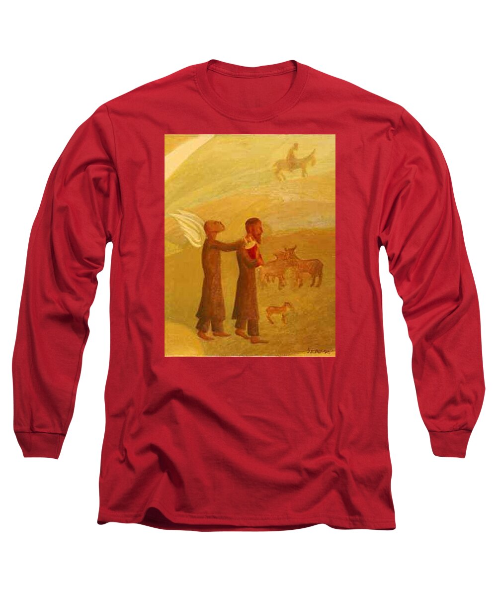 The Rabbi Leading The Angel Long Sleeve T-Shirt featuring the painting The Rabbi Leading the Angel by Israel Tsvaygenbaum