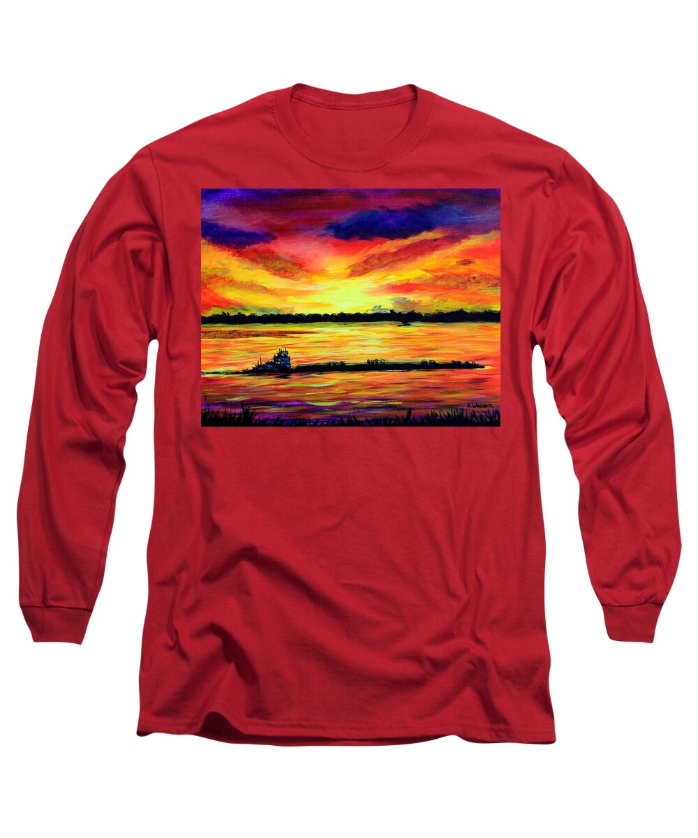 Mississippi River Long Sleeve T-Shirt featuring the painting Tugboat On The Mississippi by Karl Wagner