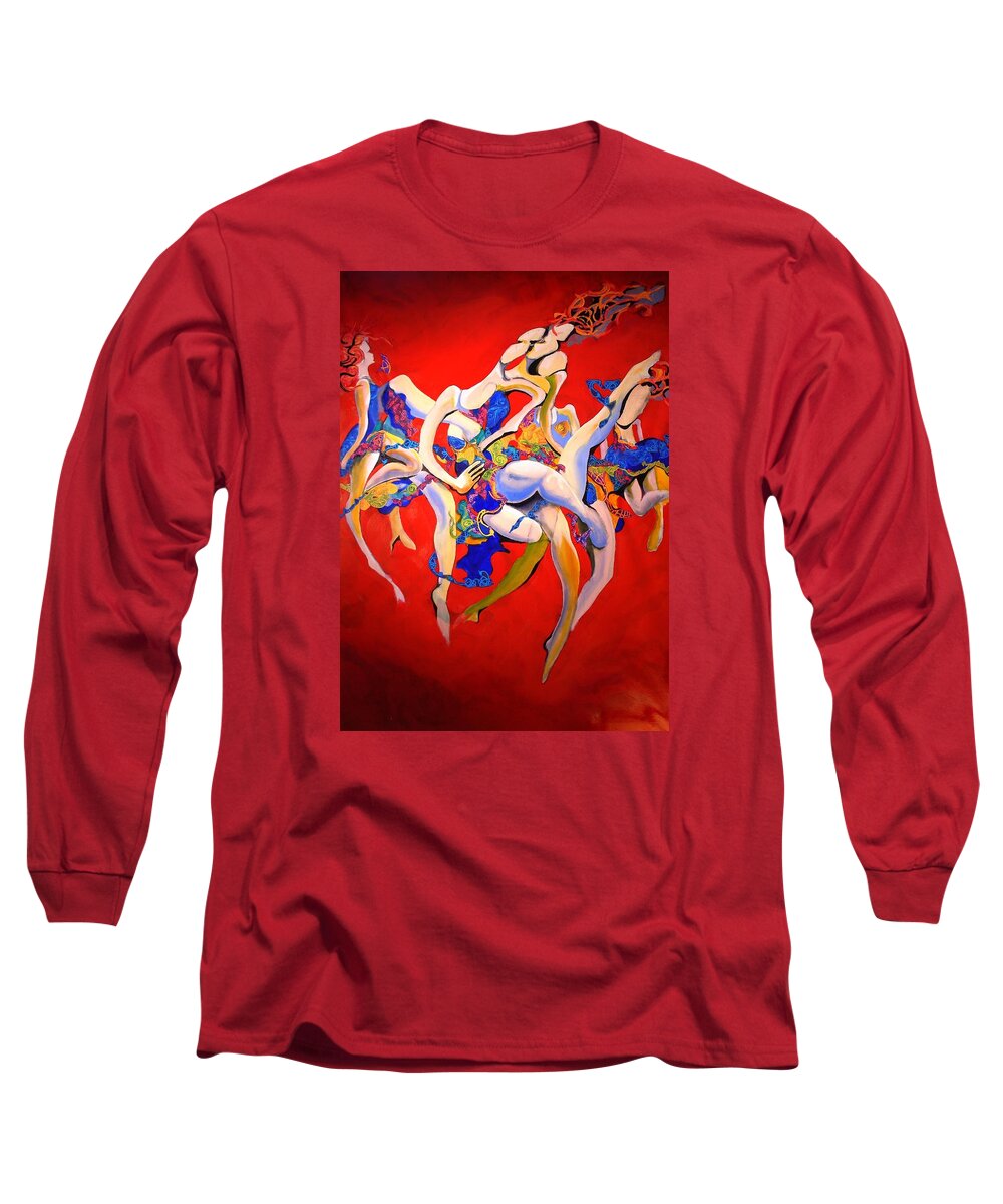 Red Dance Irish Valkyries Limbs Legs Norse Long Sleeve T-Shirt featuring the painting Valkyries by Georg Douglas
