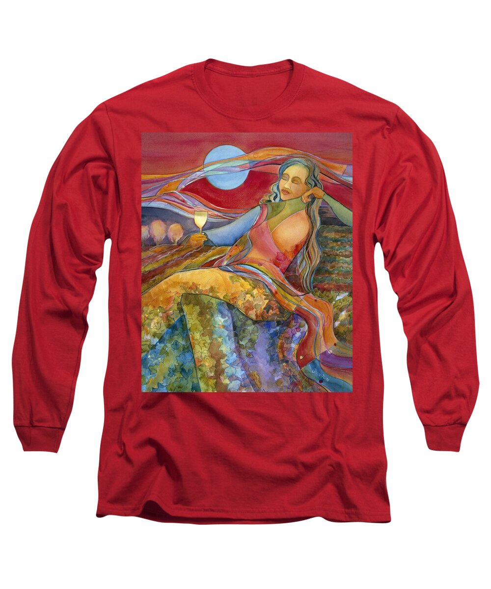 Jen Norton Long Sleeve T-Shirt featuring the painting Wine Woman and Song by Jen Norton