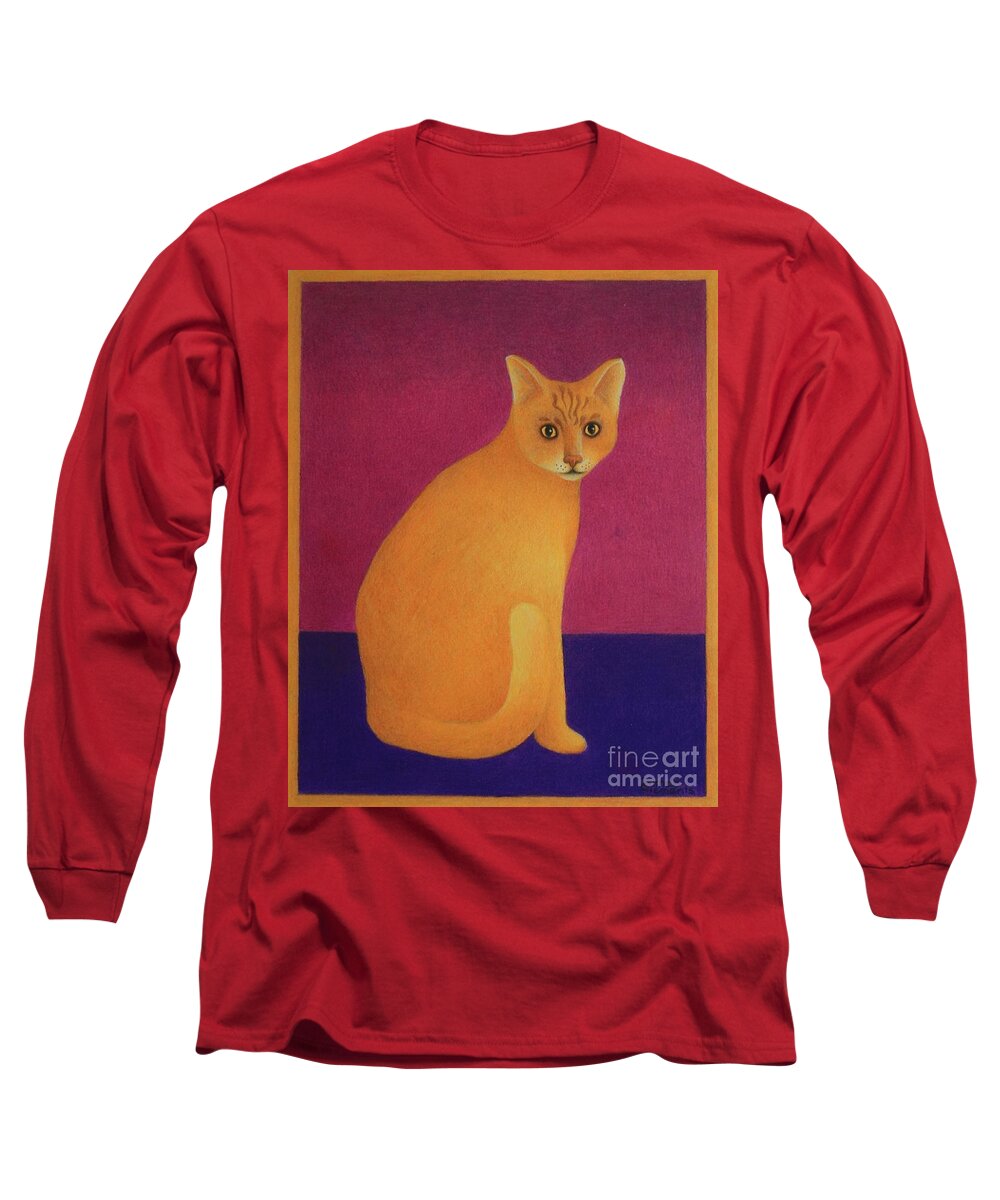 Primary Colors Long Sleeve T-Shirt featuring the painting Yellow Cat by Pamela Clements