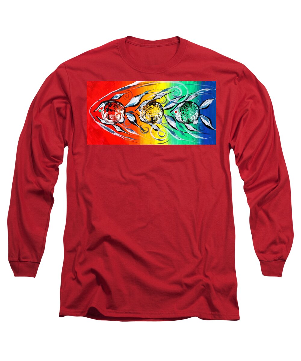 Fish Long Sleeve T-Shirt featuring the painting Three in a Row ... Three by J Vincent Scarpace