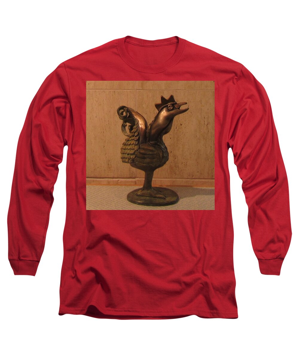 Wakeup Long Sleeve T-Shirt featuring the sculpture Wakeup Call Rooster Bronze Sculpture with beak feathers tail brass and opaque surface by Rachel Hershkovitz