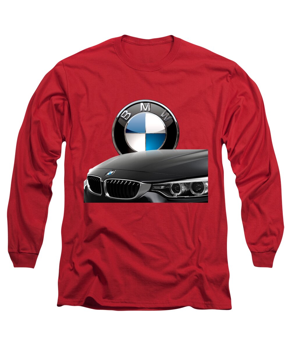 �auto Badges� Collection By Serge Averbukh Long Sleeve T-Shirt featuring the photograph Black B M W - Front Grill Ornament and 3 D Badge on Red by Serge Averbukh
