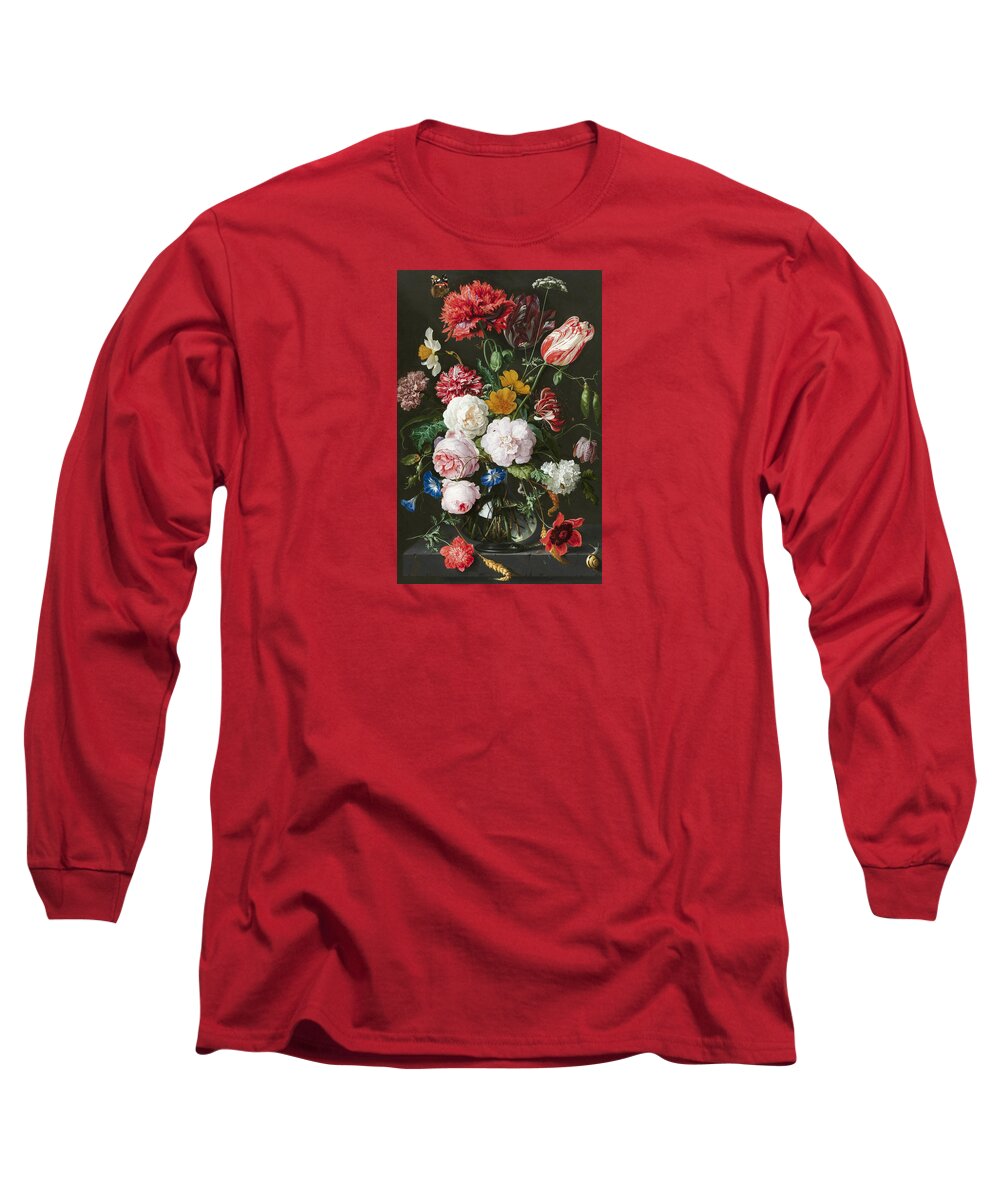 Still Life With Flowers In A Glass Vase Long Sleeve T-Shirt featuring the mixed media Flowers in a Glass Vase 3 by Jan Davidsz de Heem