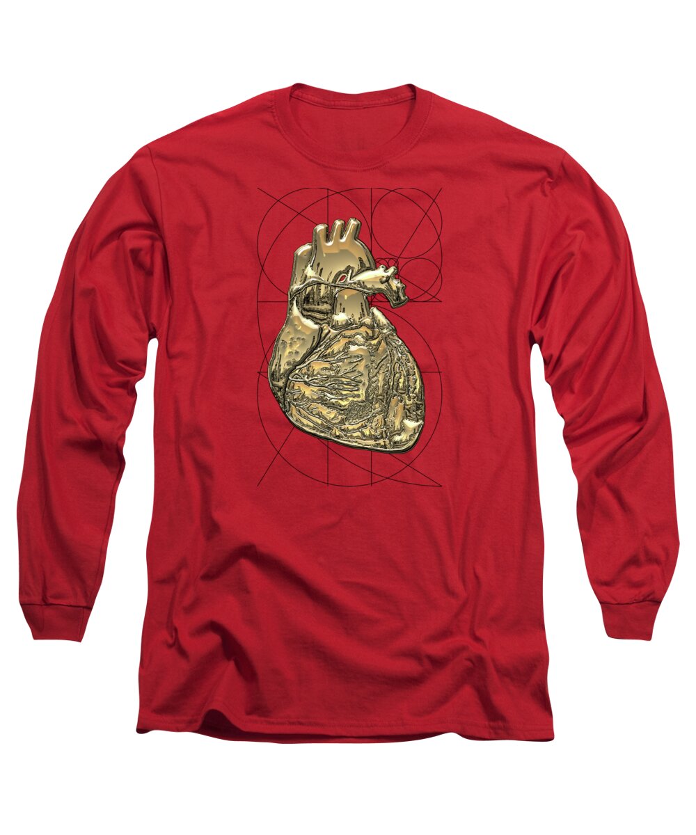 �inner Workings� Collection By Serge Averbukh Long Sleeve T-Shirt featuring the photograph Heart of Gold - Golden Human Heart on Red Canvas by Serge Averbukh