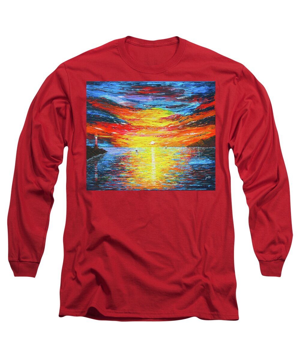 Ocean View Acrylic Painting Long Sleeve T-Shirt featuring the painting Lighthouse Sunset Ocean View palette knife original painting by Georgeta Blanaru