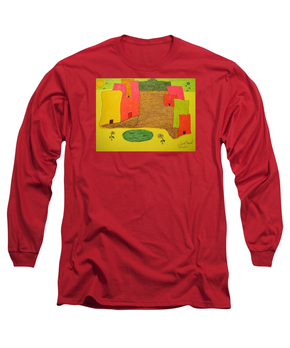 Hagood Long Sleeve T-Shirt featuring the painting 10 Flat Buildings With Fish Pool by Lew Hagood