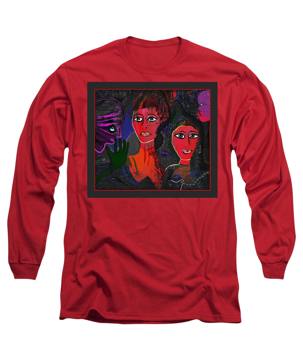 1977 - Faces Red Long Sleeve T-Shirt featuring the digital art 1977 - Faces Red by Irmgard Schoendorf Welch