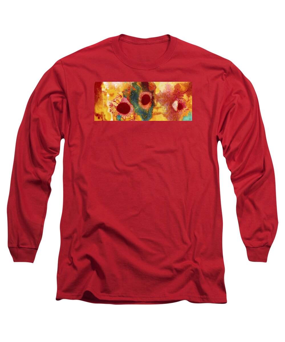 Abstract Paintings Long Sleeve T-Shirt featuring the painting Abstract Red Flower Garden Panoramic by Amy Vangsgard