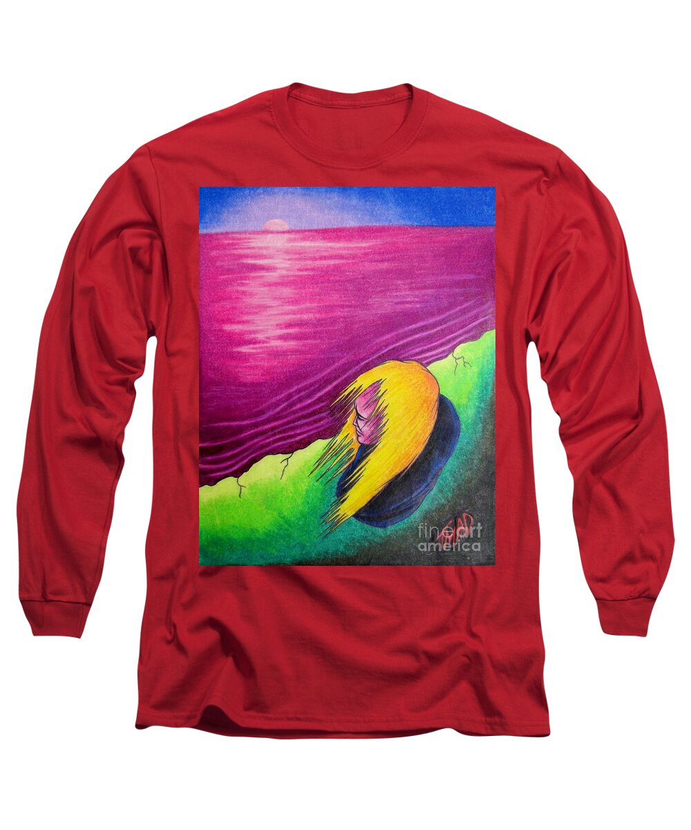 Tmad Long Sleeve T-Shirt featuring the drawing Alone by Michael TMAD Finney