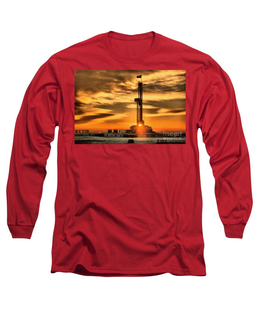 Sun Set Long Sleeve T-Shirt featuring the photograph Another day of drilling for American oil by Jeff Swan