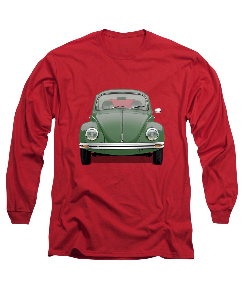 'volkswagen - Bugs And Buses' Collection By Serge Averbukh Long Sleeve T-Shirt featuring the digital art Volkswagen Type 1 - Green Volkswagen Beetle on Red Canvas by Serge Averbukh