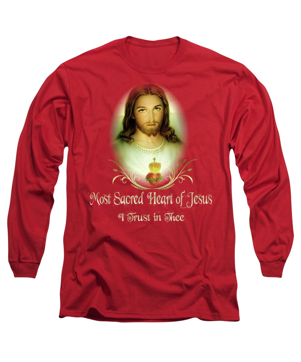 Jesus Long Sleeve T-Shirt featuring the mixed media Sacred Heart of Jesus St Faustina St Margaret Mary by Hw