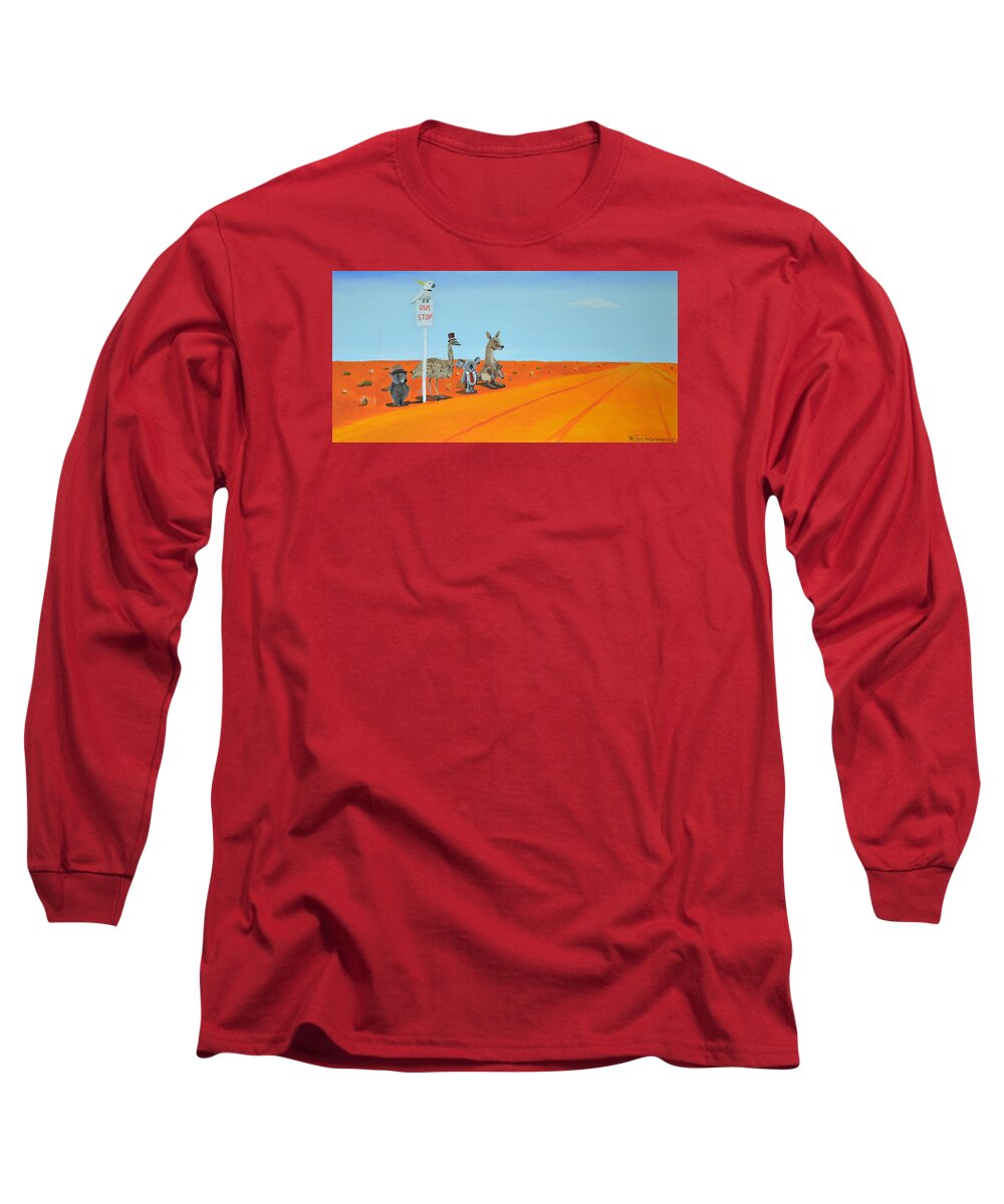 Aussie Outback Long Sleeve T-Shirt featuring the painting Aussie Outback Bus Stop by Winton Bochanowicz