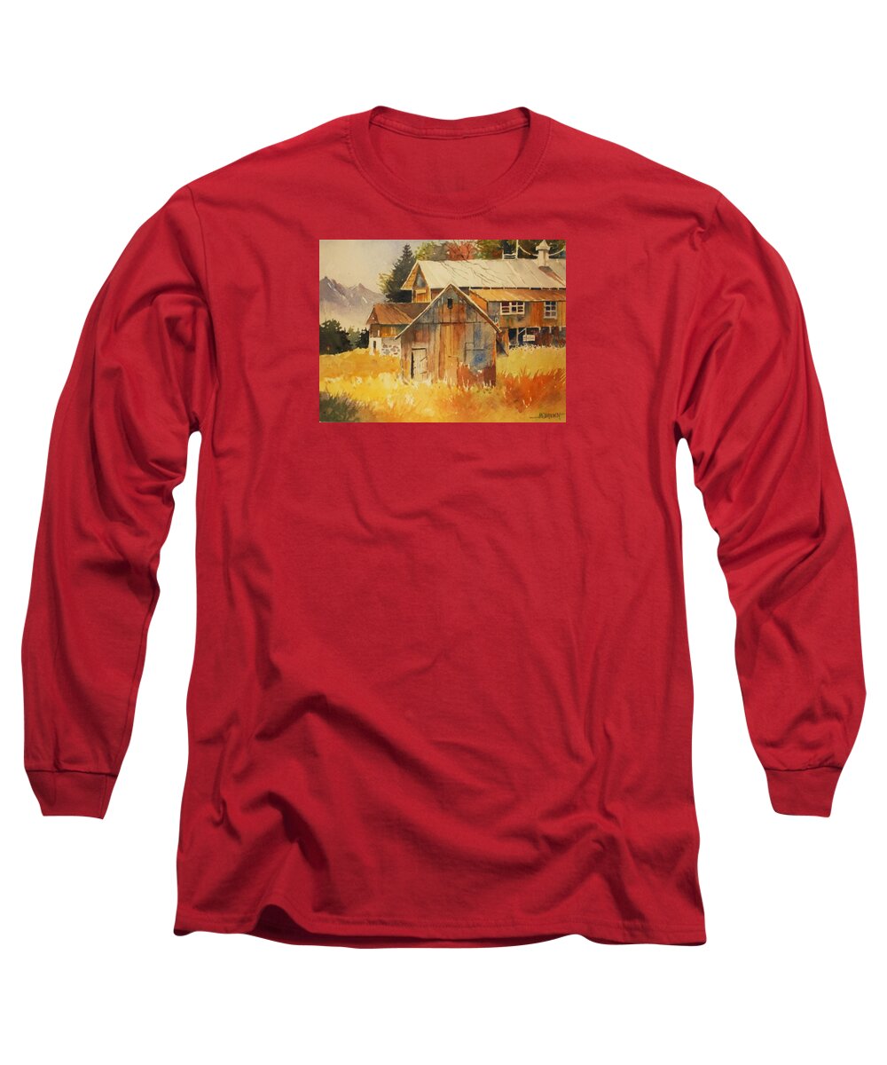 Barn Long Sleeve T-Shirt featuring the painting Autumn Barn and Shed by Al Brown