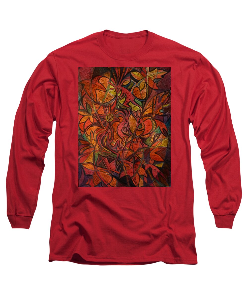 Kokopelli Long Sleeve T-Shirt featuring the drawing Autumn Kokopelli by Anna Duyunova