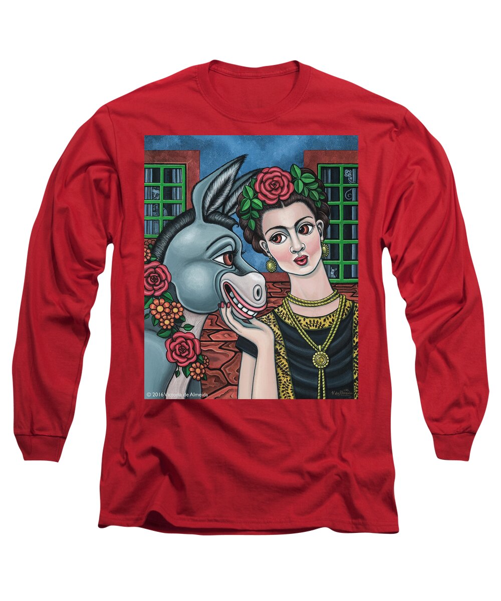 Hispanic Art Long Sleeve T-Shirt featuring the painting Beso or Fridas Kisses by Victoria De Almeida