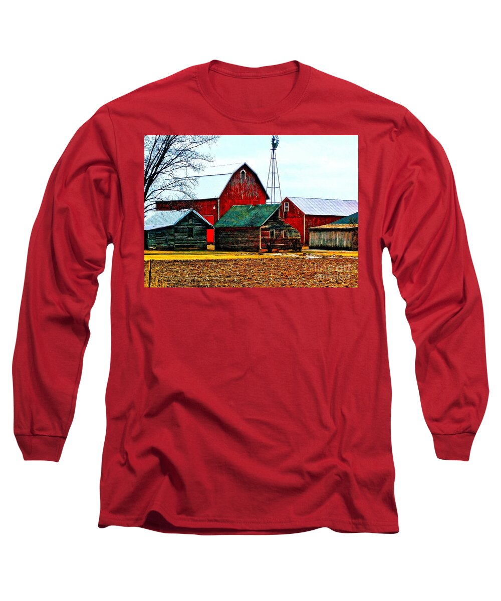 Red Long Sleeve T-Shirt featuring the photograph Big Red Homestead with Windmill by Becky Kurth