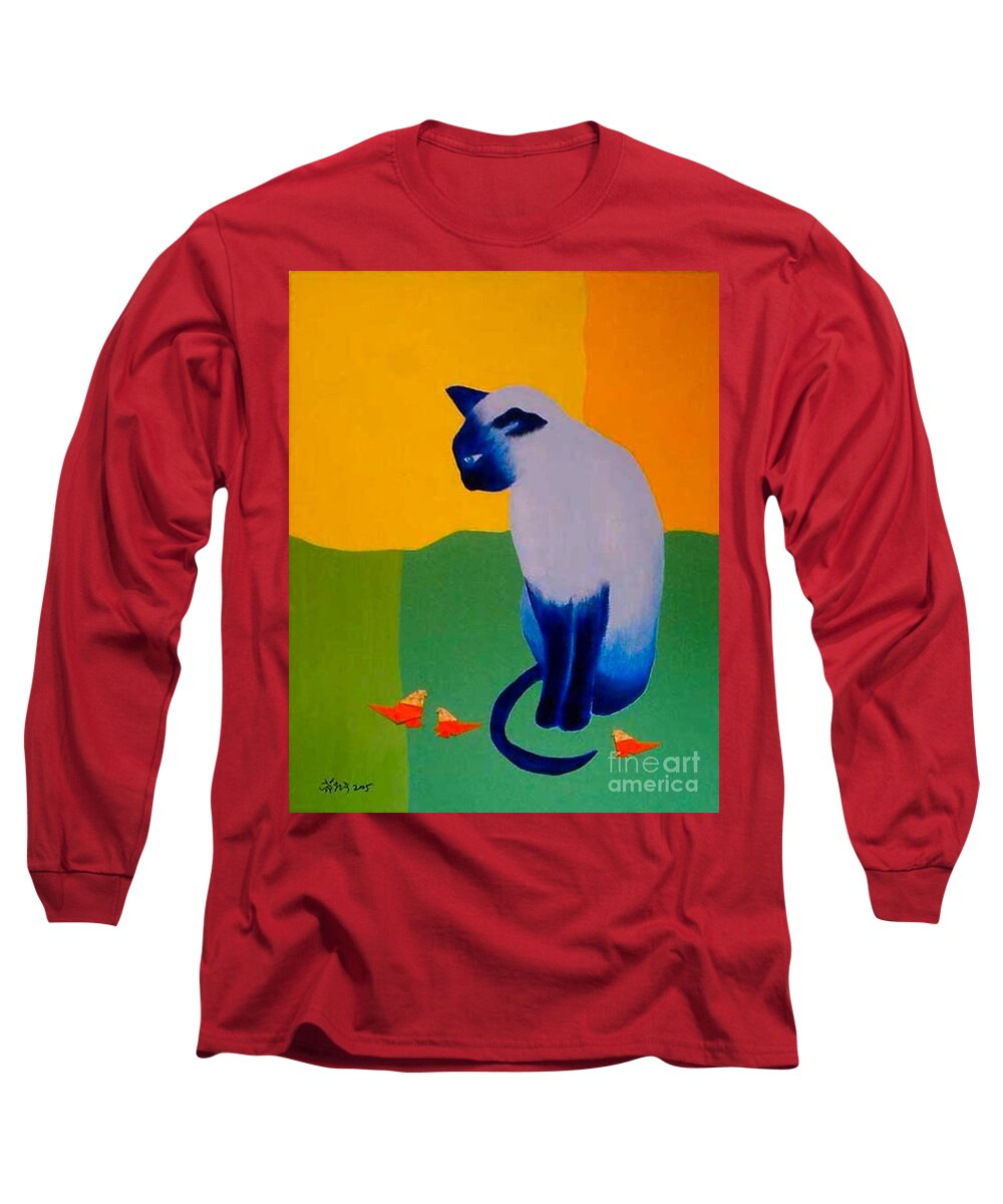 Painting Long Sleeve T-Shirt featuring the painting Blue cat by Wonju Hulse