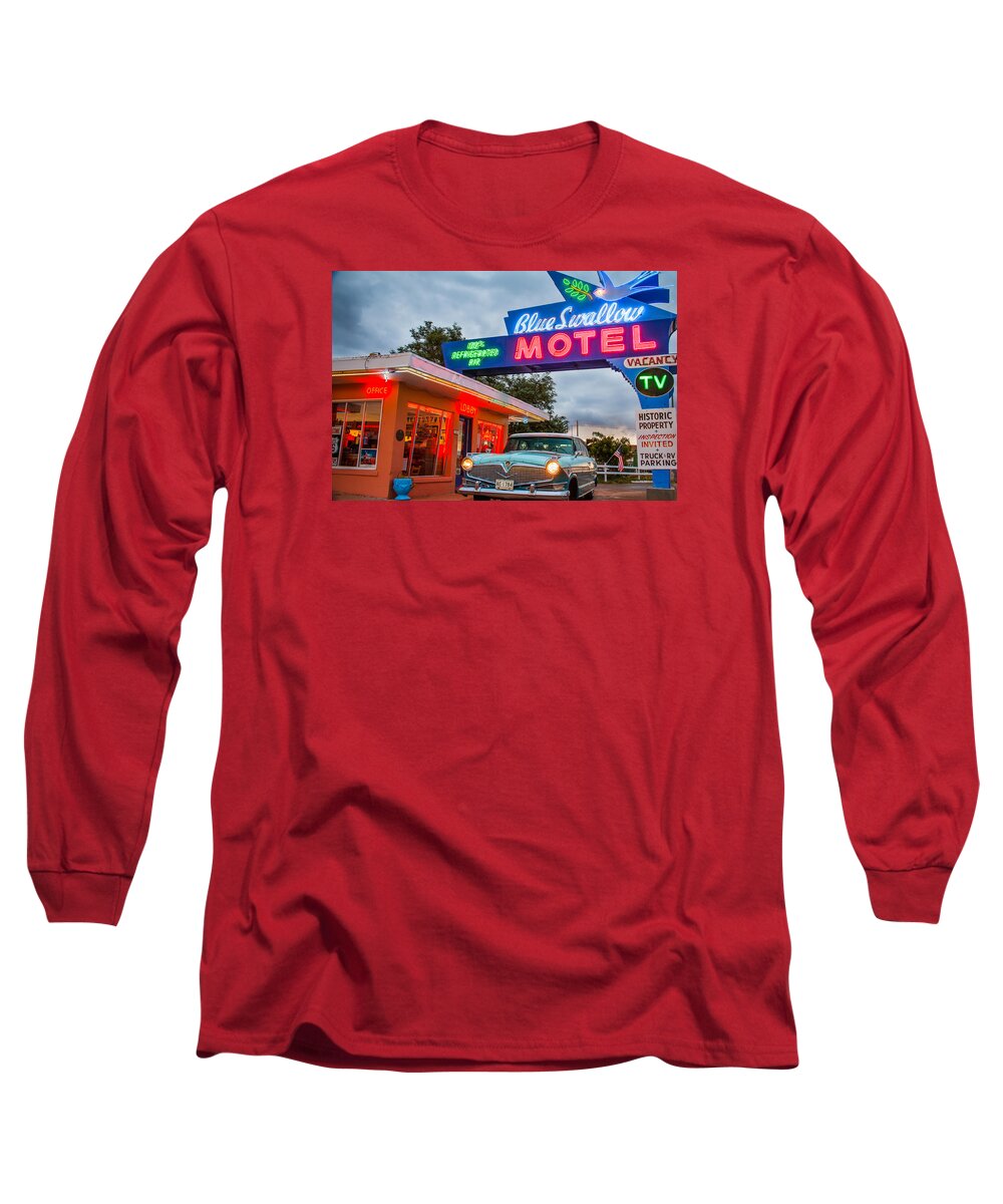 Steven Bateson Long Sleeve T-Shirt featuring the photograph Blue Swallow Motel On Route 66 by Steven Bateson