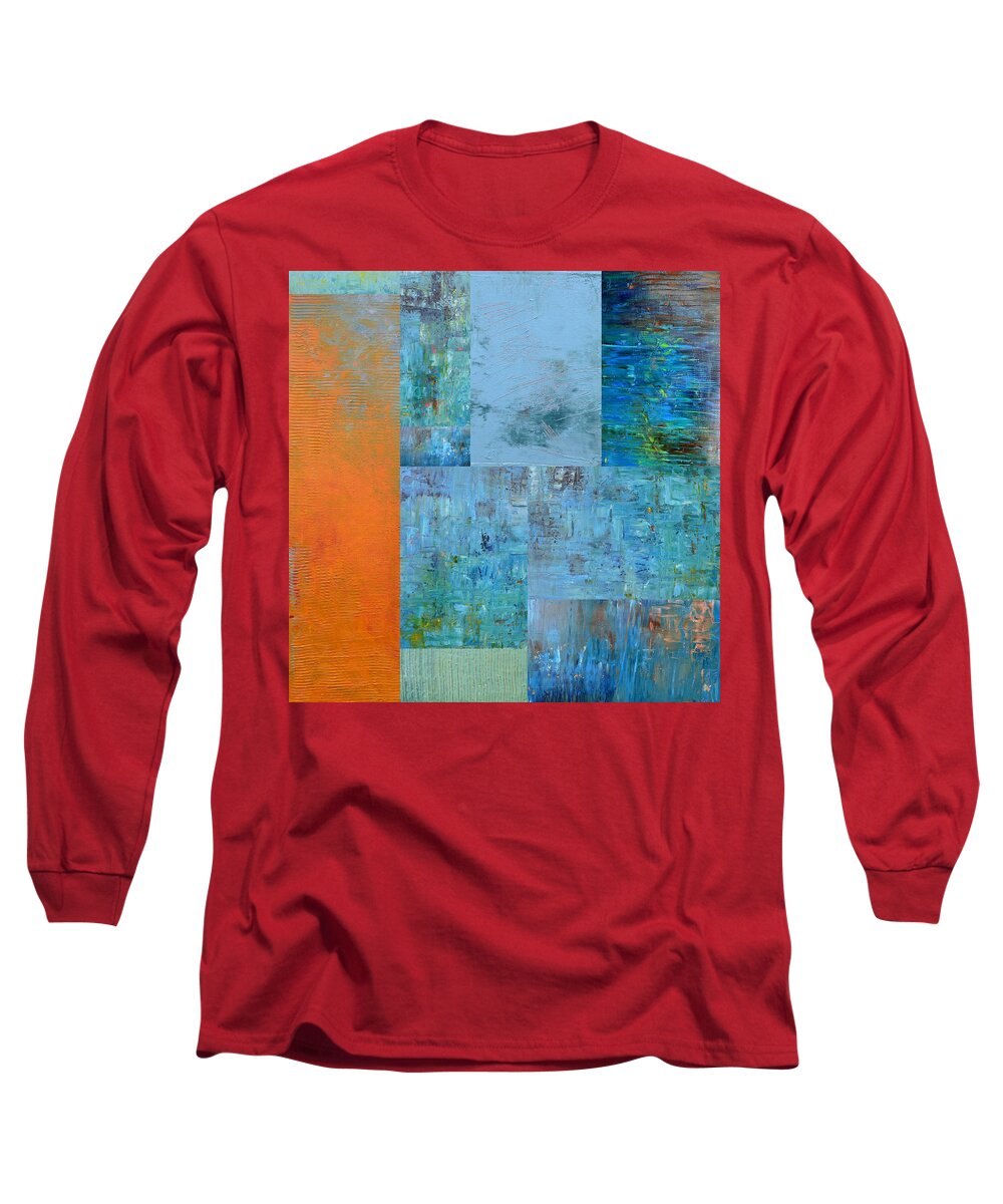 Monochromatic Long Sleeve T-Shirt featuring the painting Blue with Orange 2.0 by Michelle Calkins