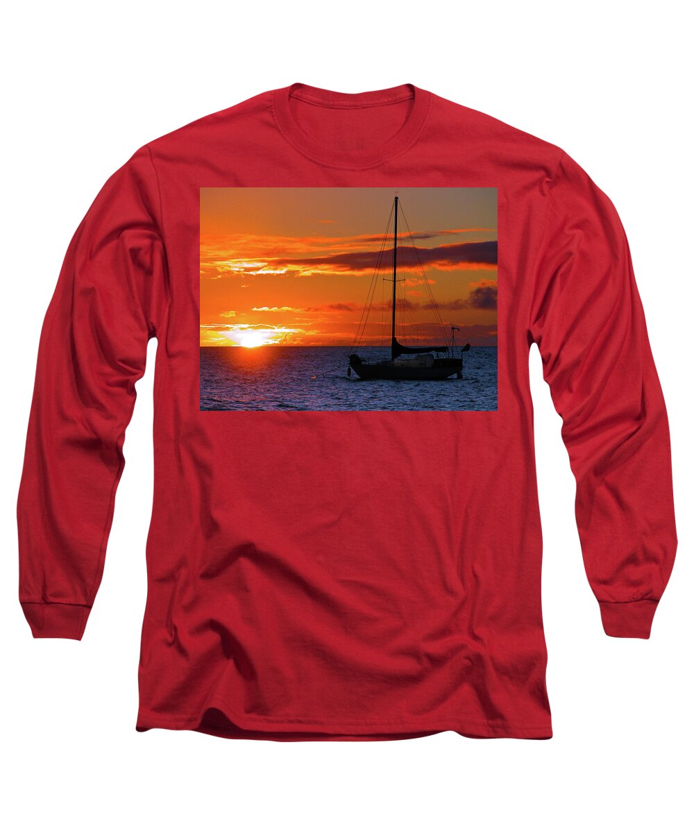 Sunset Long Sleeve T-Shirt featuring the photograph Boat and Sunset by Harry Spitz