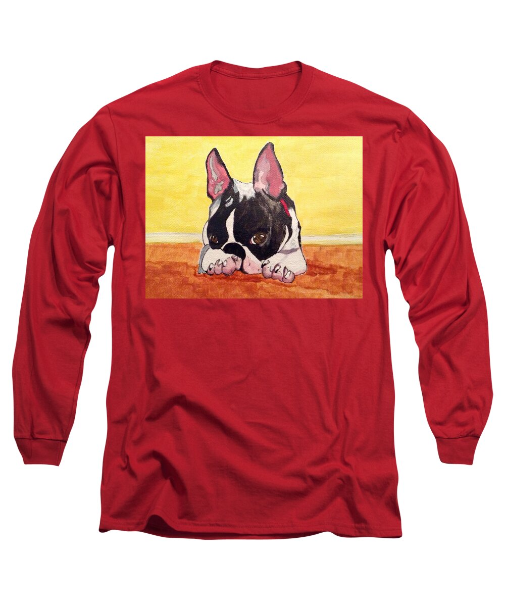 Boston Terrier Puppy Long Sleeve T-Shirt featuring the painting Boston Baby by Sonja Jones
