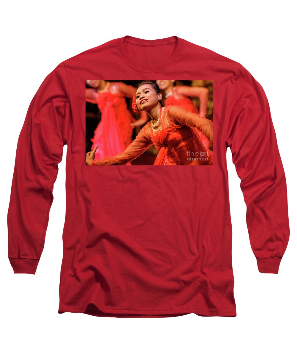 Dance; Ethnic; People;performer;performance;red;motion;movem Long Sleeve T-Shirt featuring the photograph Burmese Dance 1 by Werner Padarin