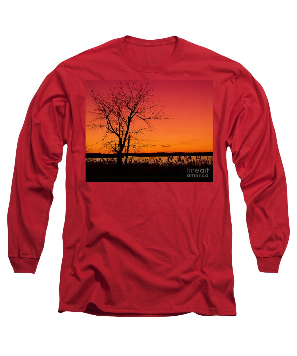 Sunrise Long Sleeve T-Shirt featuring the photograph Burning Skies Rural / Rustic Sunset Silhouette Landscape Photo by PIPA Fine Art - Simply Solid