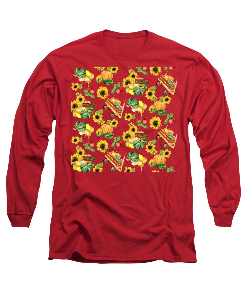 Harvest Long Sleeve T-Shirt featuring the painting Celebrate Abundance Harvest Half Drop Repeat by Audrey Jeanne Roberts