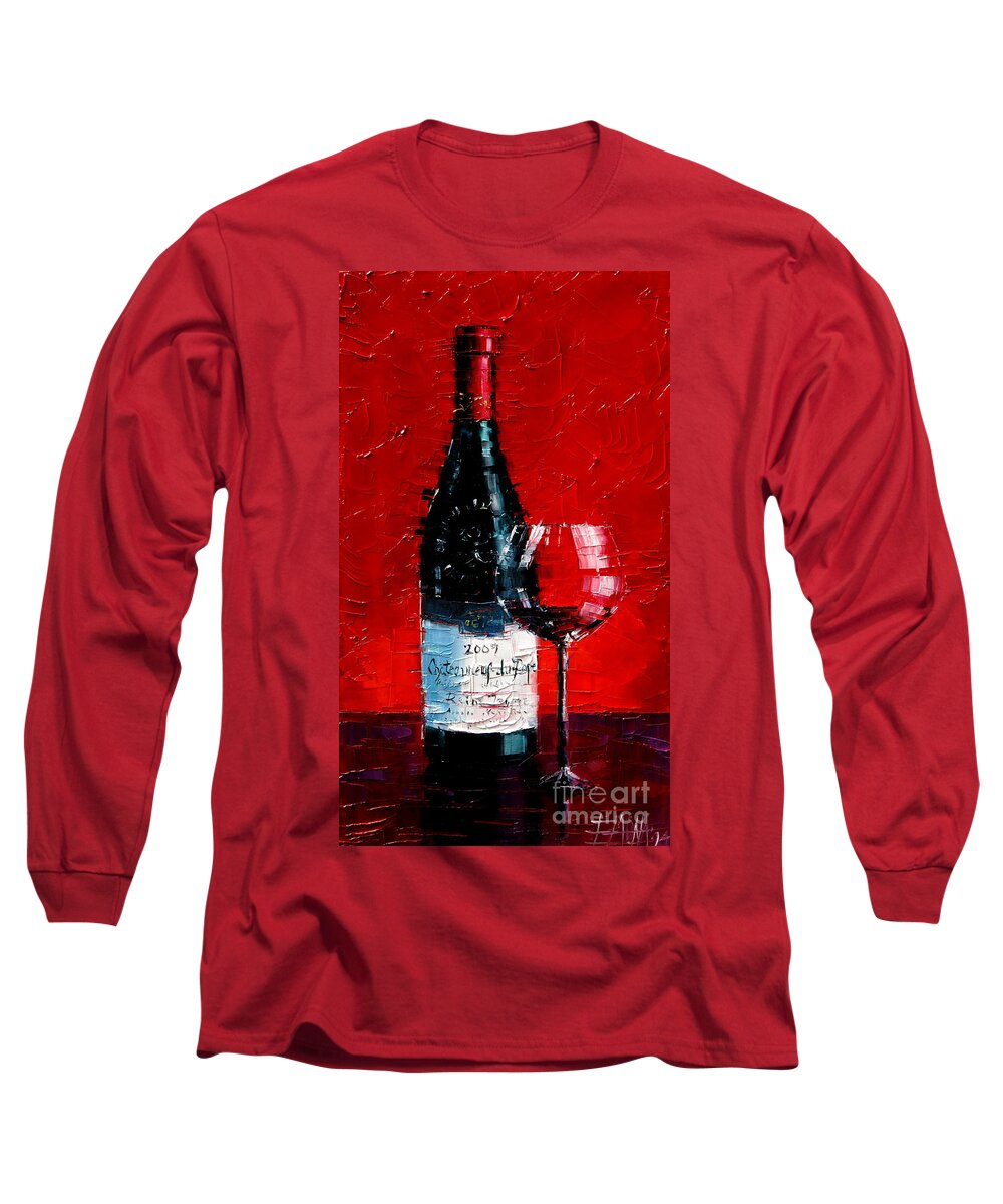 Chateauneuf Du Pape Long Sleeve T-Shirt featuring the painting Still life with wine bottle and glass 1 by Mona Edulesco